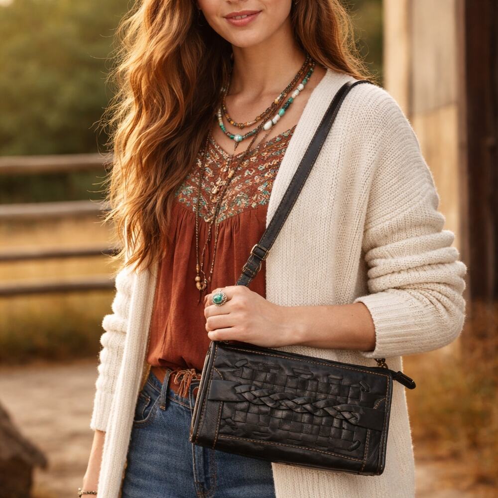 Jesslyn Blake Black Woven Leather Clutch Crossbody Purse Wallet